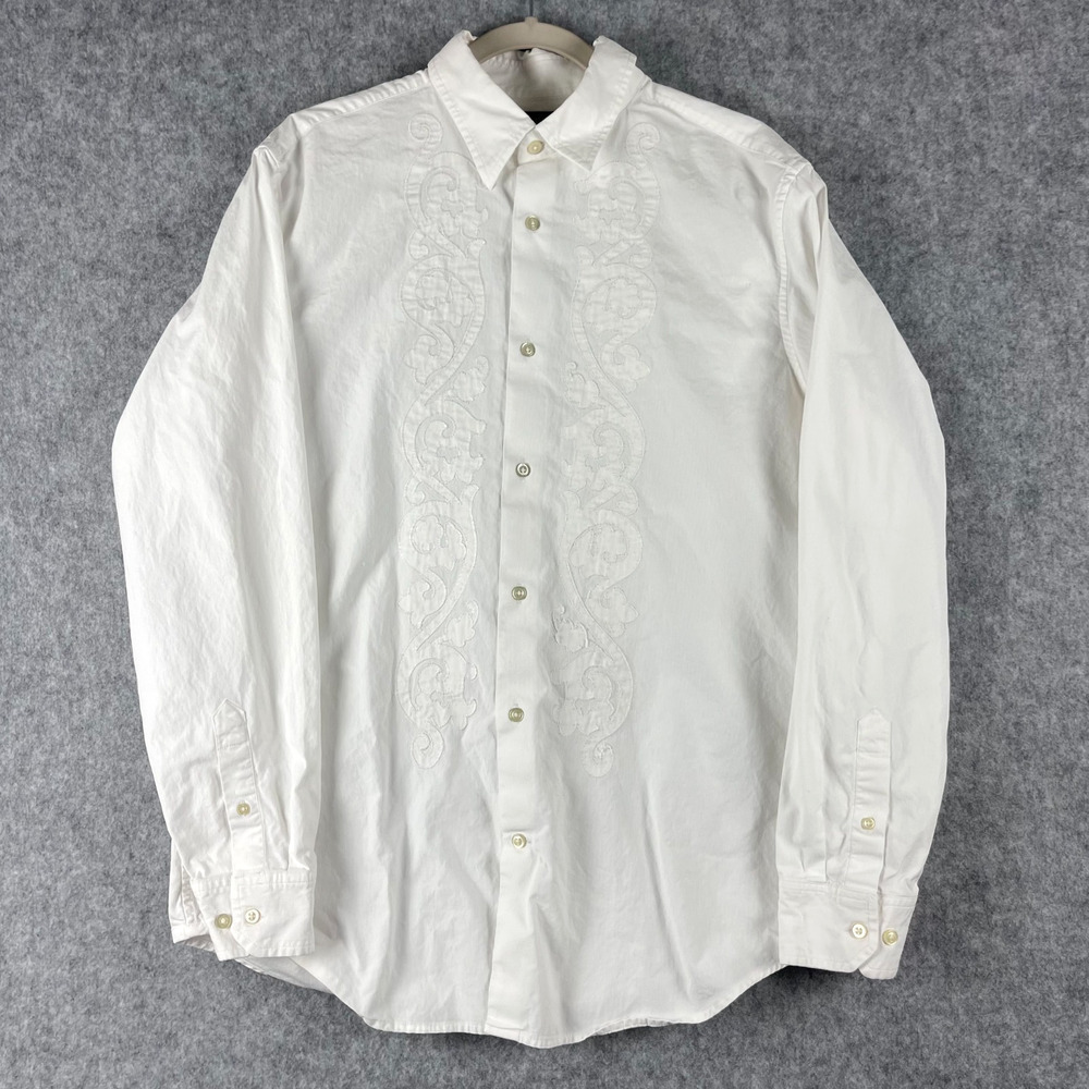 Banana Republic Dress Shirt Mens 16 16.5 White Embroidered Striped Button Up